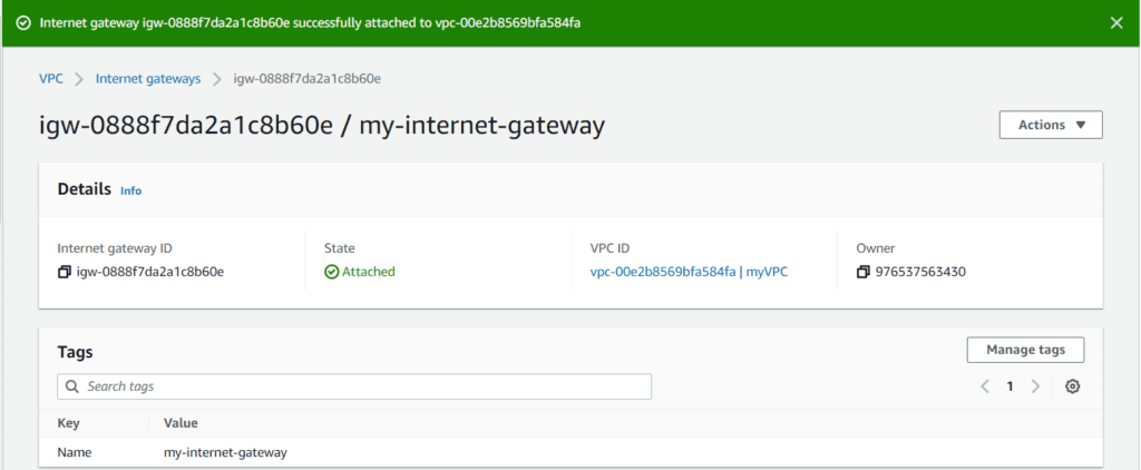 Internet gateway created successfully