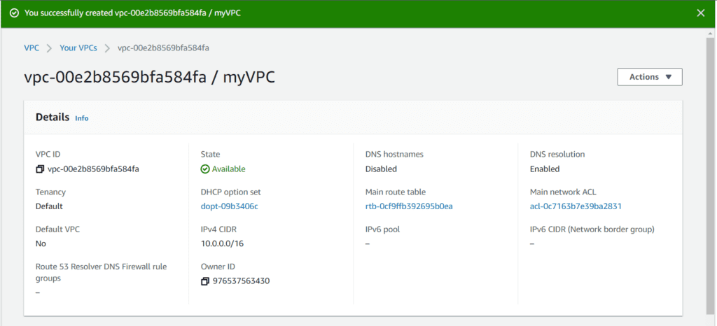VPC Created Successfully